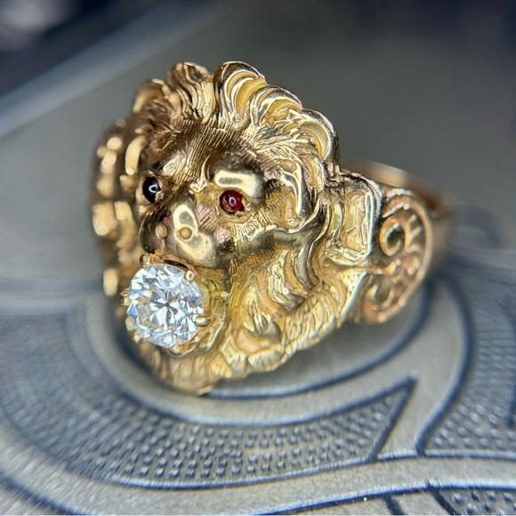Antique Other - Antique Victorian Lion Ring featuring a Old European Cut Diamond 14k Yellow Gold
